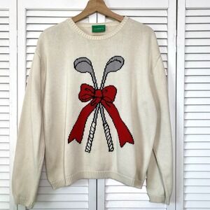 VTG 90's Liz Claiborne Size Large Golf Clubs Sweater Chunky Knit Boxy Preppy Top